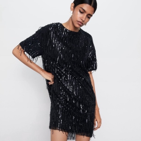 NWT Zara Festive Season black fringed sequin party dress - Picture 5 of 8